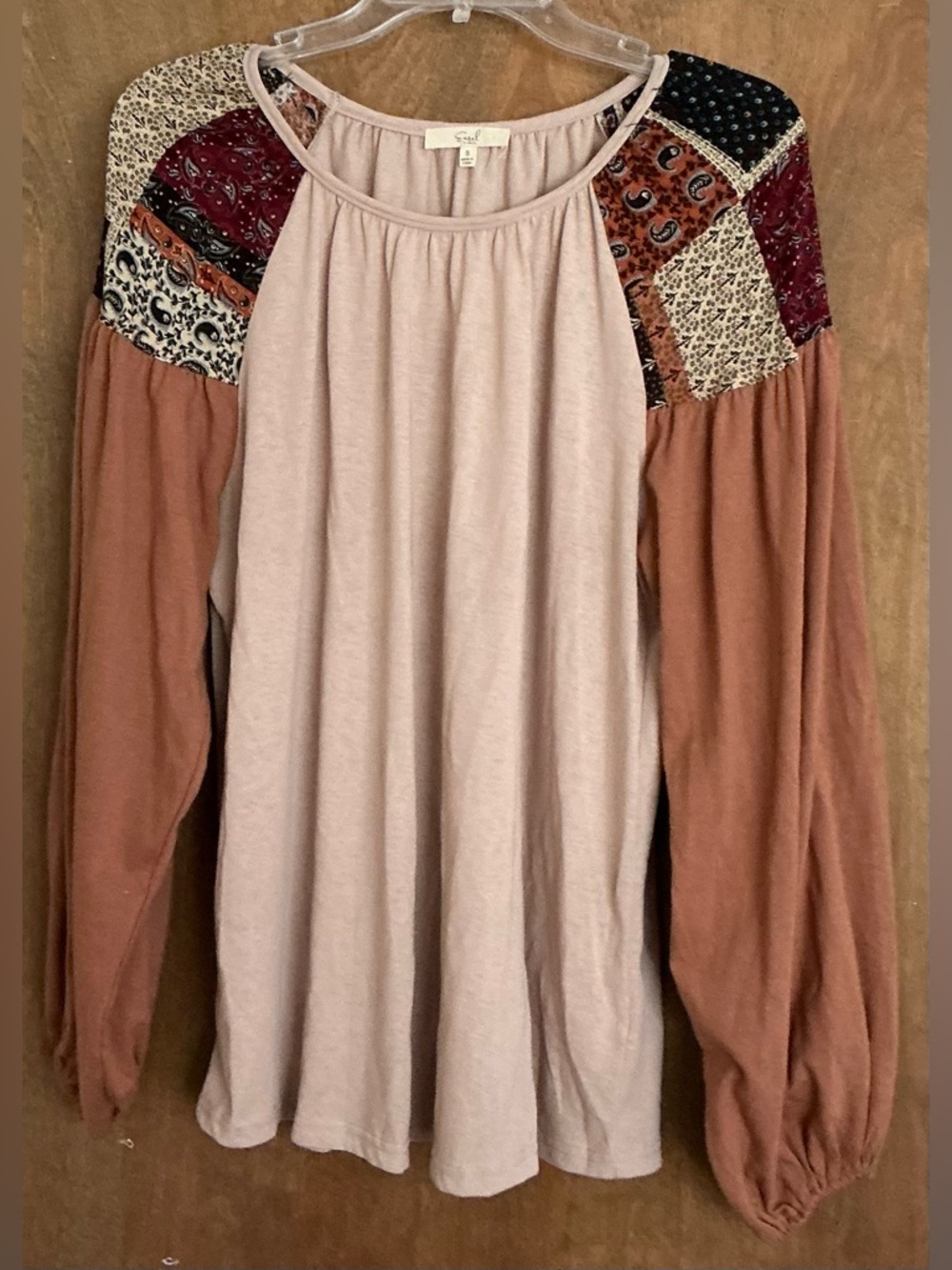 Easel Mixed Media Patchwork Top S Beige Brown Balloon Sleeve Boho Hippie Peasant